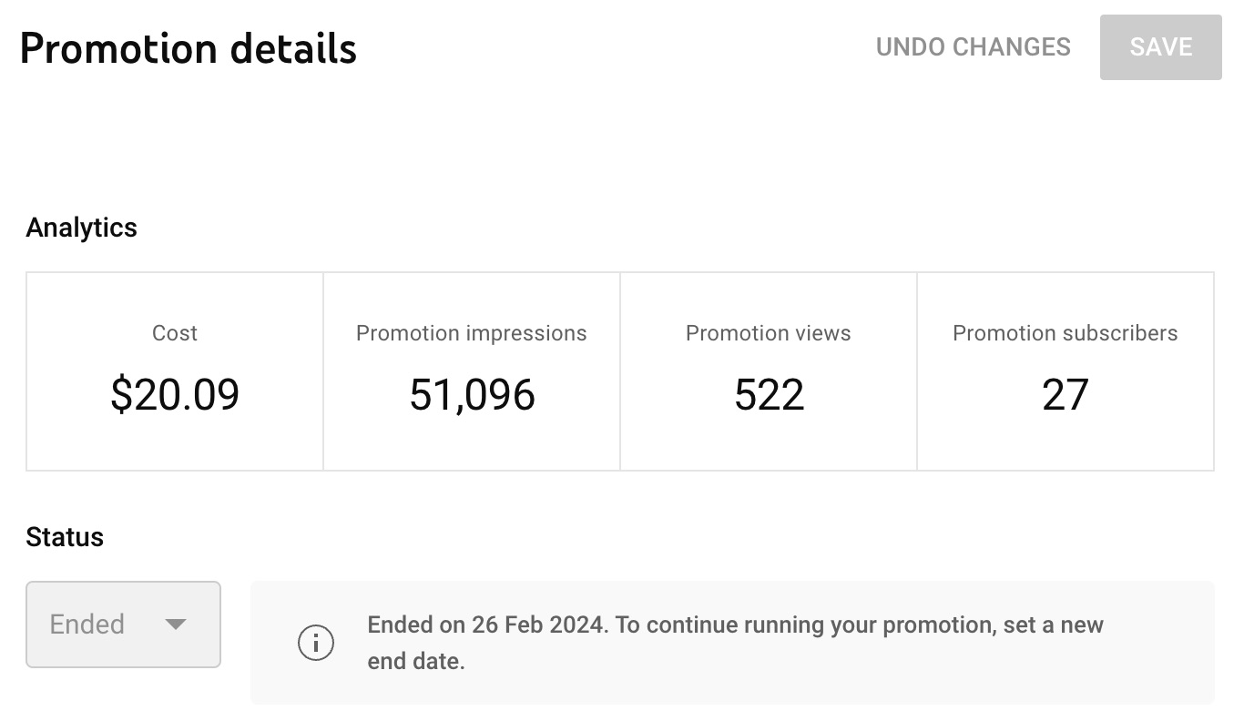 YouTube Studio Promotions results