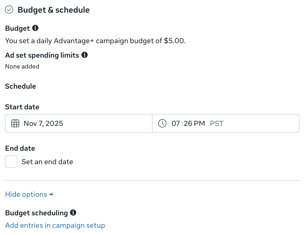 Ads Manager Budget & Schedule