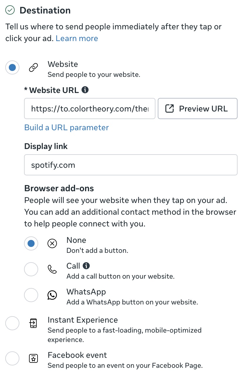 Ads Manager Ad Destination