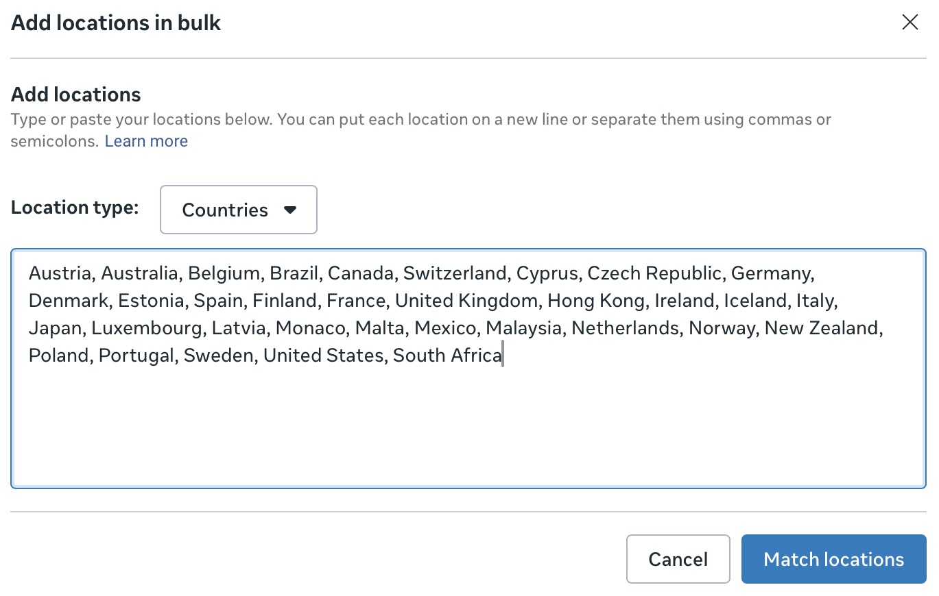 Ads Manager Locations in Bulk