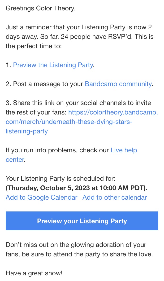 Bandcamp Listening Party two days away