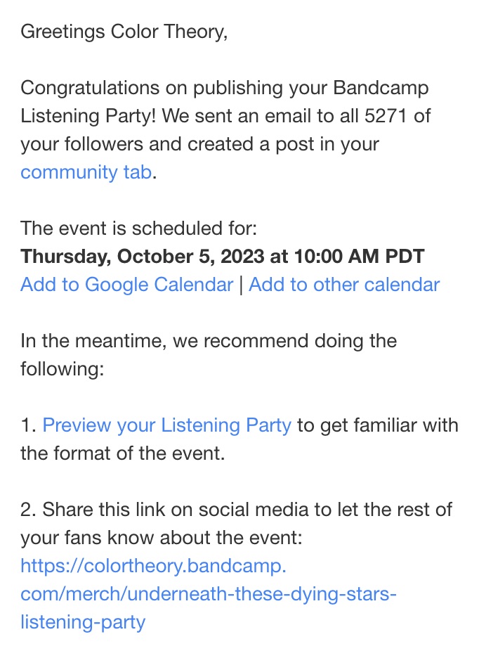 Bandcamp Listening Party artist email confirmation