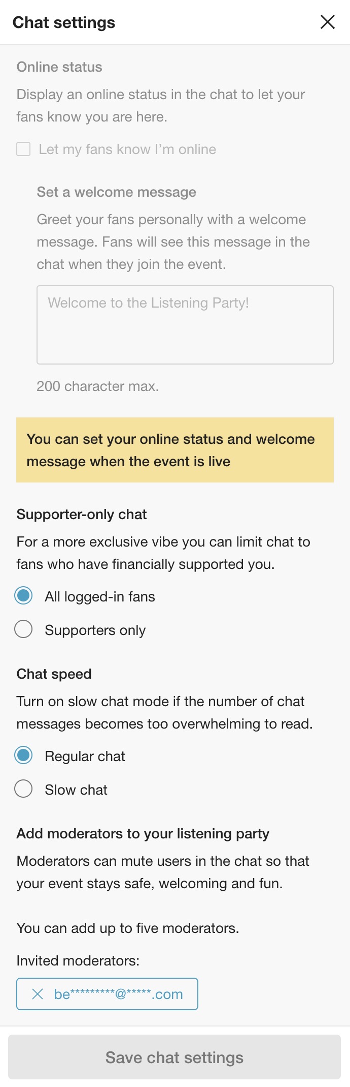 Bandcamp Listening Party chat settings