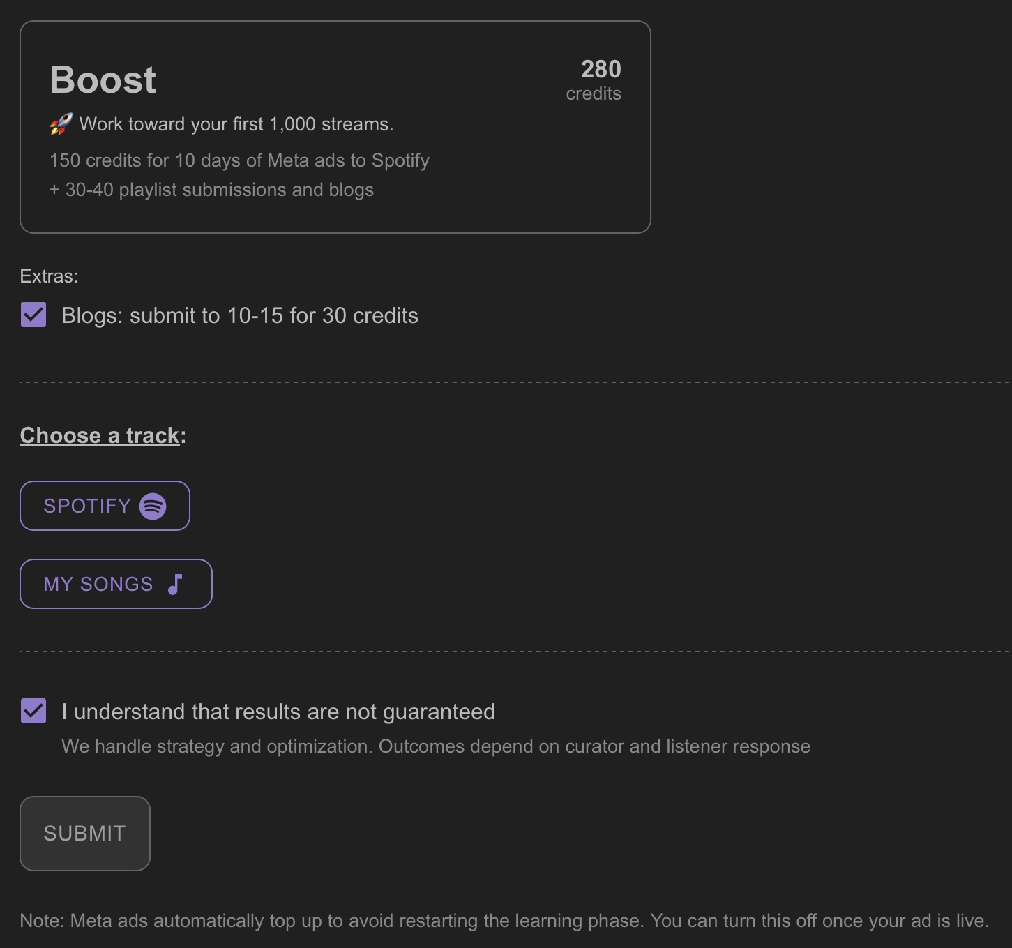 SubmitHub Packages Boost