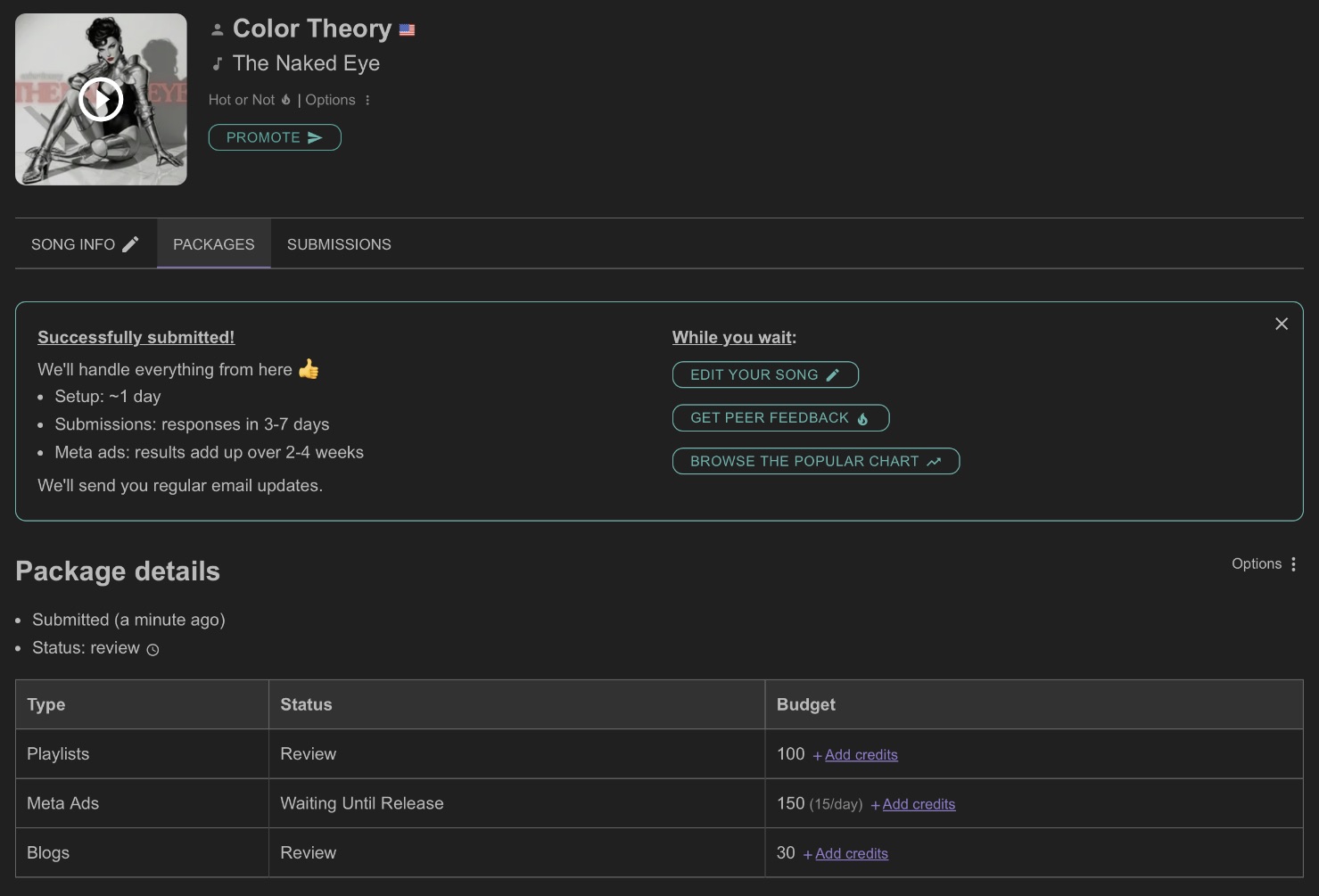 SubmitHub Packages submitted