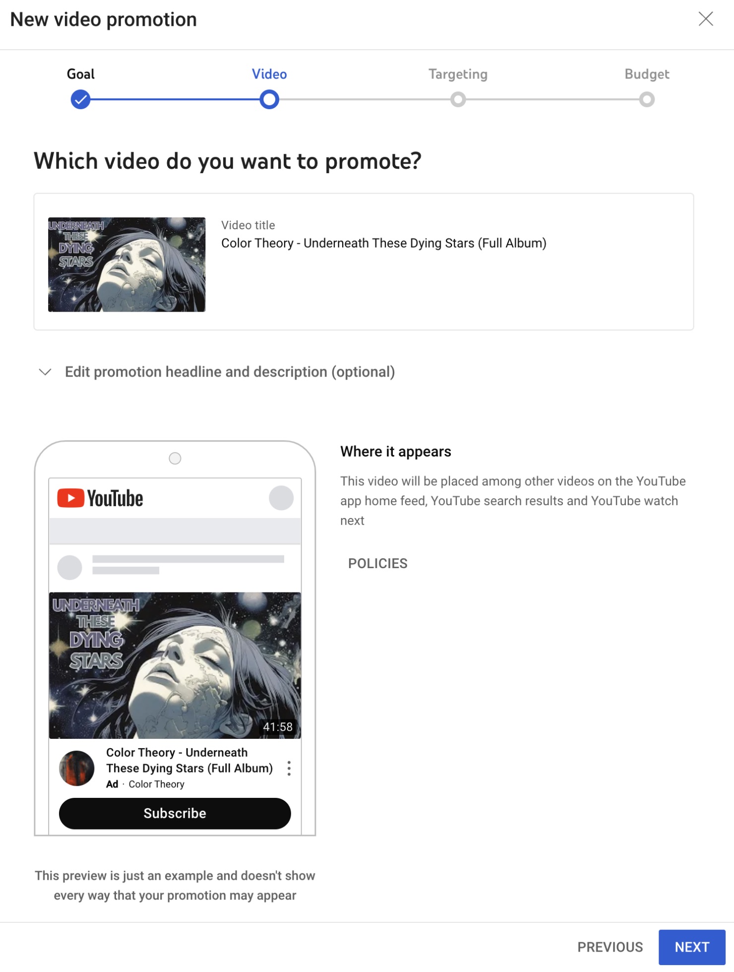 YouTube Studio Promotions which video